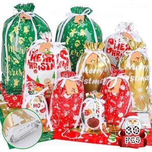 Christmas Gift Bags, 30 Pack Drawstring Christmas Bags for Gifts Assorted Sizes